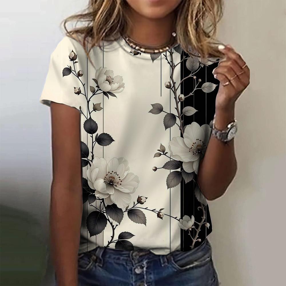 2025 New Summer Temperament Women's Floral Blue Printed Women's T-shirt Round Neck Short Sleeve Street Casual Daily Basic Tops
