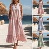 Summer Striped Maxi Dress for Women Crew Neck Sleeveless Ruffle A-line Swing Dress Beach Casual Flowy Sundress with Pockets