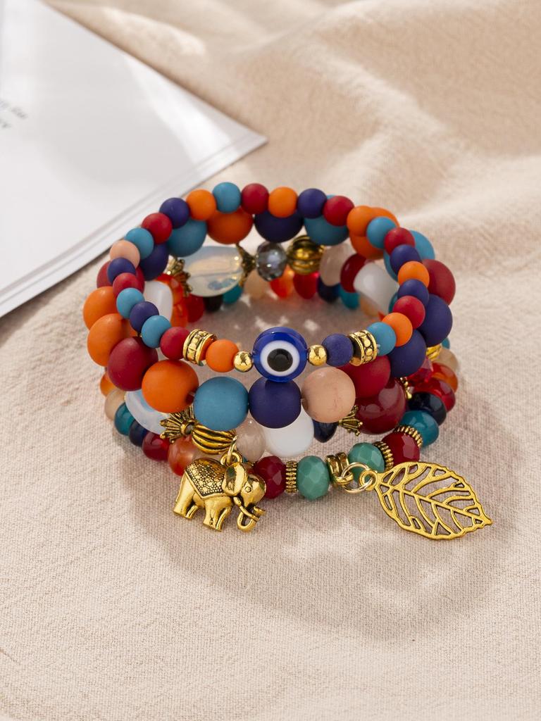 Bohemian Beaded Bracelet Set with Tree Leaf & Elephant Pendants