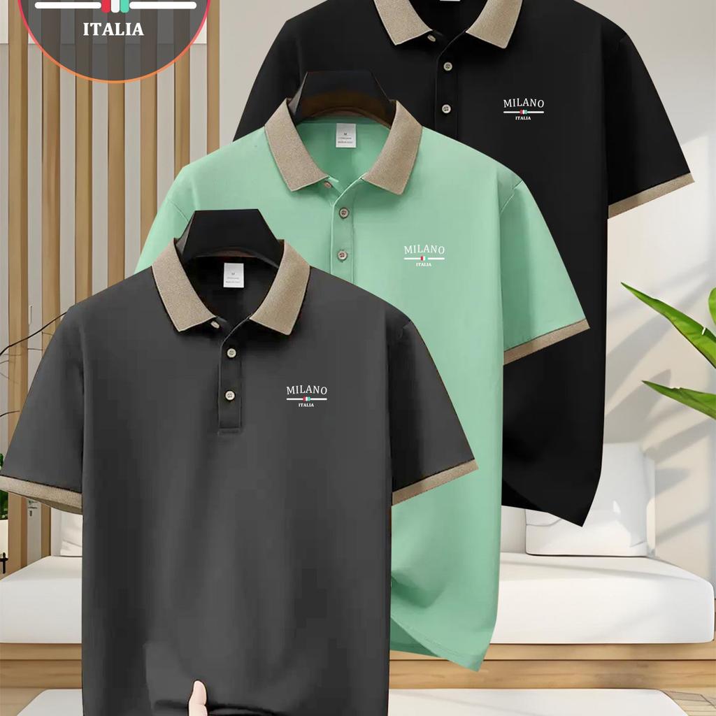 3 Pcs Men'S Polo Shirts Featuring Print Design - Short-Sleeve & Button-Collared Golf Shirt, Perfect for Business Casual Wear