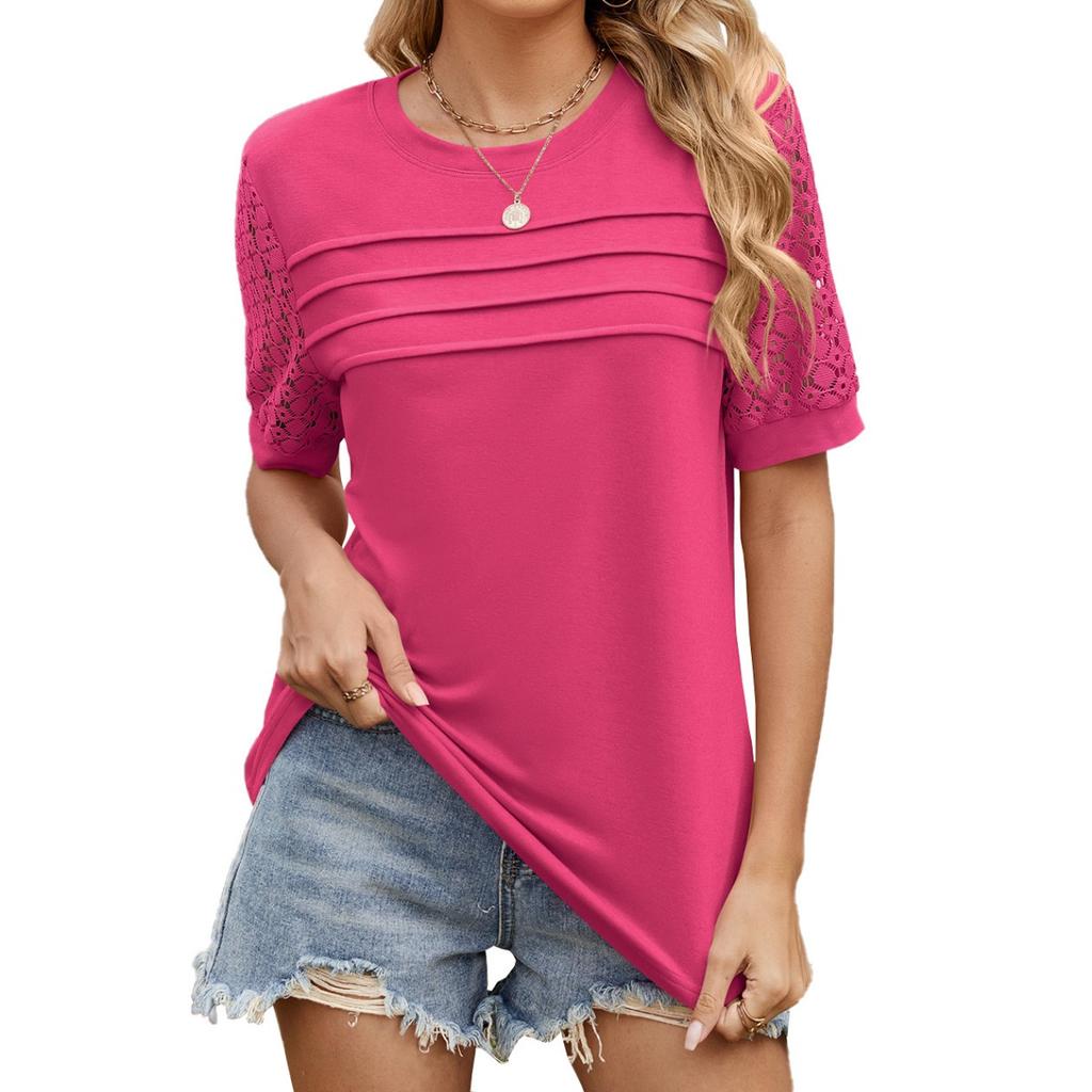 Spring Summer Women's Loose Crew Neck Short Sleeve T-shirt Lace Patchwork Top for Amazon Cross-border Trade, In Stock