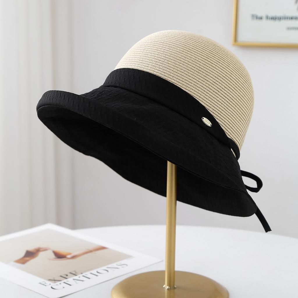 Korean-Style Women's Patchwork Hat Summer Bowknot Fisherman Beach Vacation Sunhat Accessory