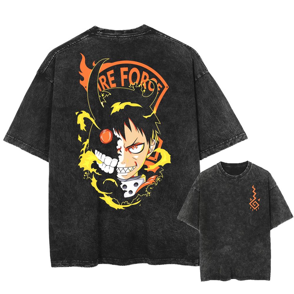 Fire Force Manga T Shirt Shinra Kusakabe Print T-shirt Vintage Washed Streetwear Men Women Clothes Cotton Soft Loose Tee Shirt S
