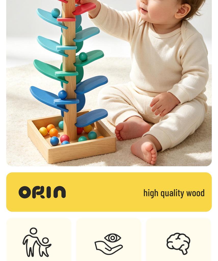Macaron-Colored Beech Wood Music Tree: Montessori Sensory Roller Ball Toy for Early Learning