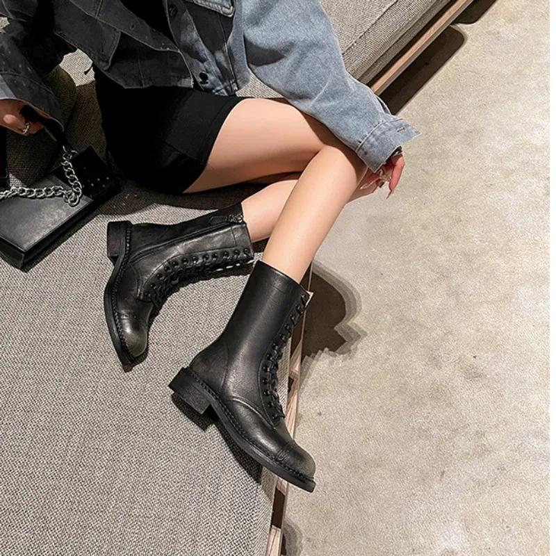 Luxury Leather Platform Women's Boots Designer British Style Autumn Winter Shoes for Women Fashion Casual Ankle Boots Ladies