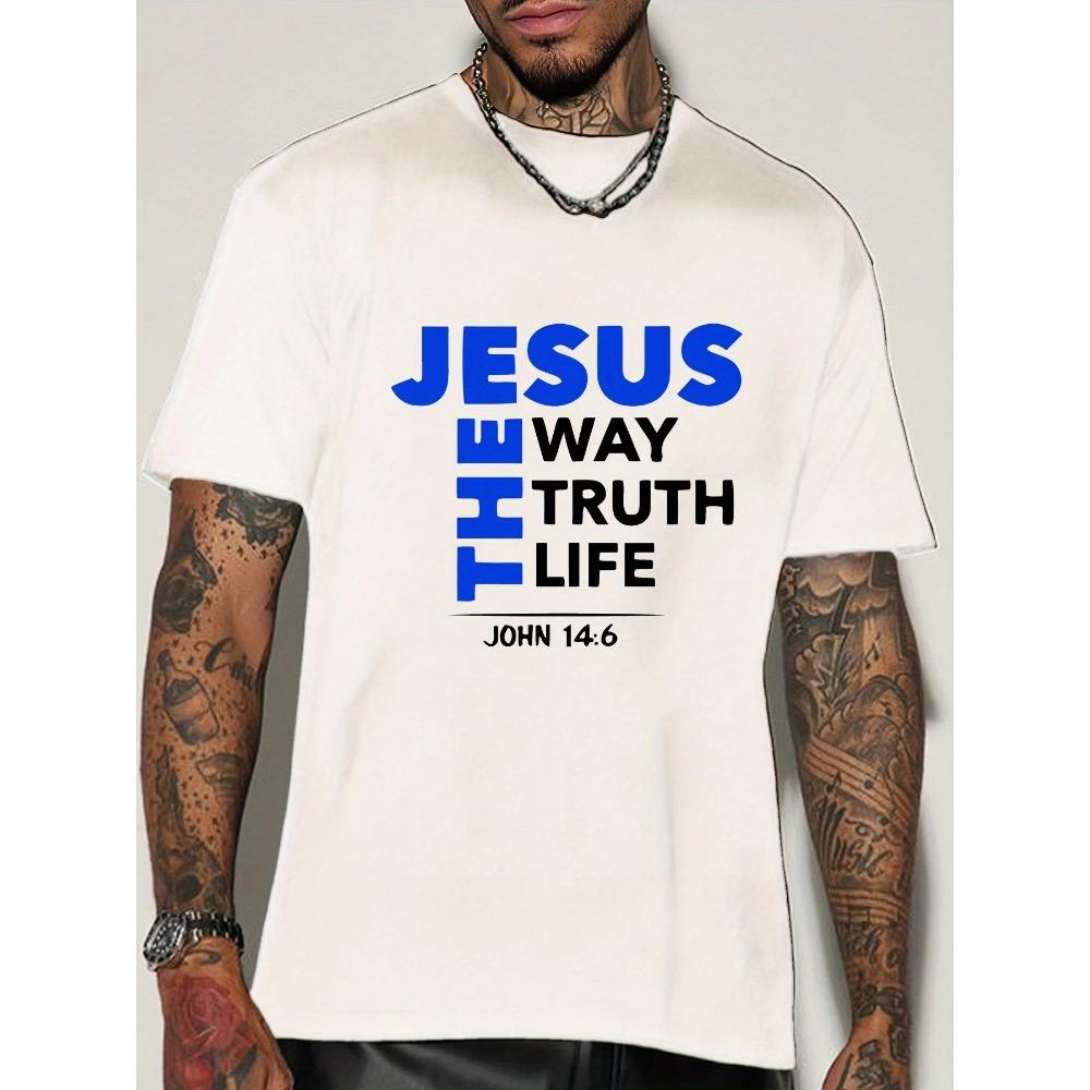Summer Unisex Short Sleeve Crew Neck T Shirt Jesus The Way Truth Life Bible Text Religious Belief Theme Casual Cotton Streetwear