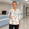 Top de Uniforme Floral para Mujer con Escote en V, Bolsillos, Abertura Lateral y Mangas Tres Cuartos