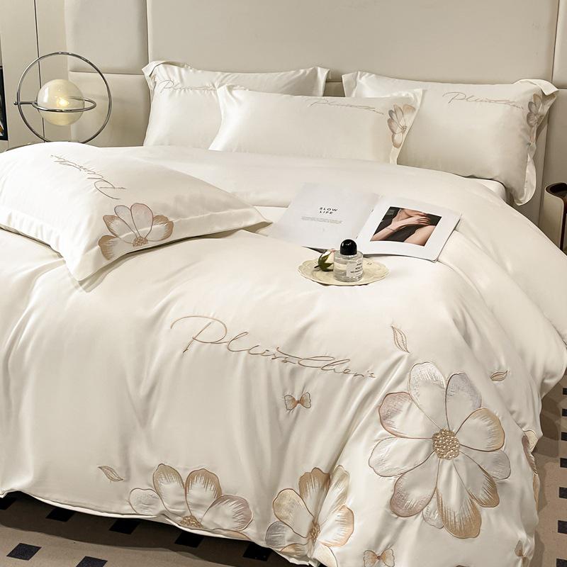 Hepburn Series: Luxurious Floral Embroidery Cotton Bed Sheet Set - Skin-Friendly, Fitted Style, Four-Piece