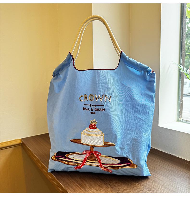 Crown Cake Japanese Girl Embroidered Canvas Crossbody Tote Bag - Large Capacity for Spring Outings