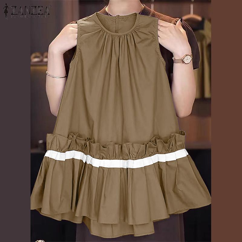 

ZANZEA Women Summer Round Neck Ruffle Sleeveless A-Line Dresses S фиолетовый