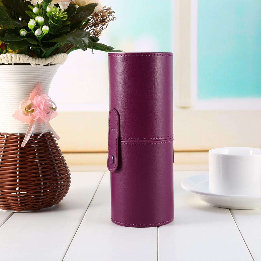 Empty Portable Travel Makeup Brushes Round Pen Holder PU Leather Cosmetic Case (Purple)