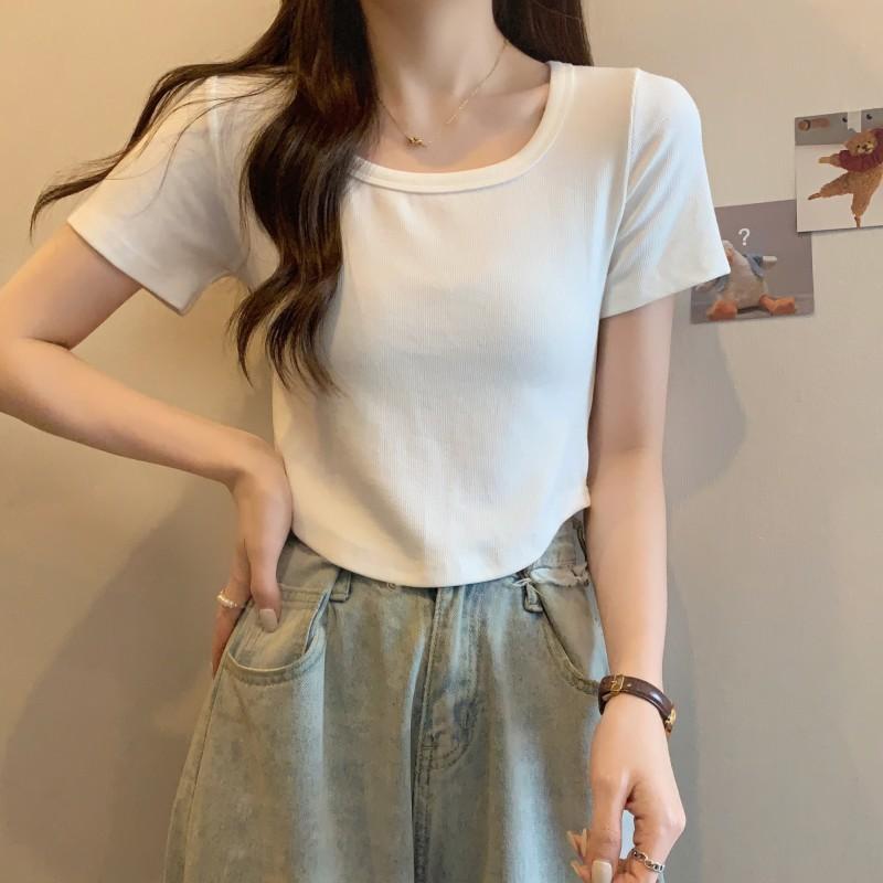 

Design sense slim fit and thin curved hem short top women s summer threaded bottoming shirt short sleeve t-shirt women S белый