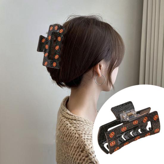 

2 Pcs Halloween Hair Grip Pumpkin Print Strong Claw Anti-slip Cross Teeth Anti-break Hair Decoration Ponytail Holder Hair Clip Hair Accessory