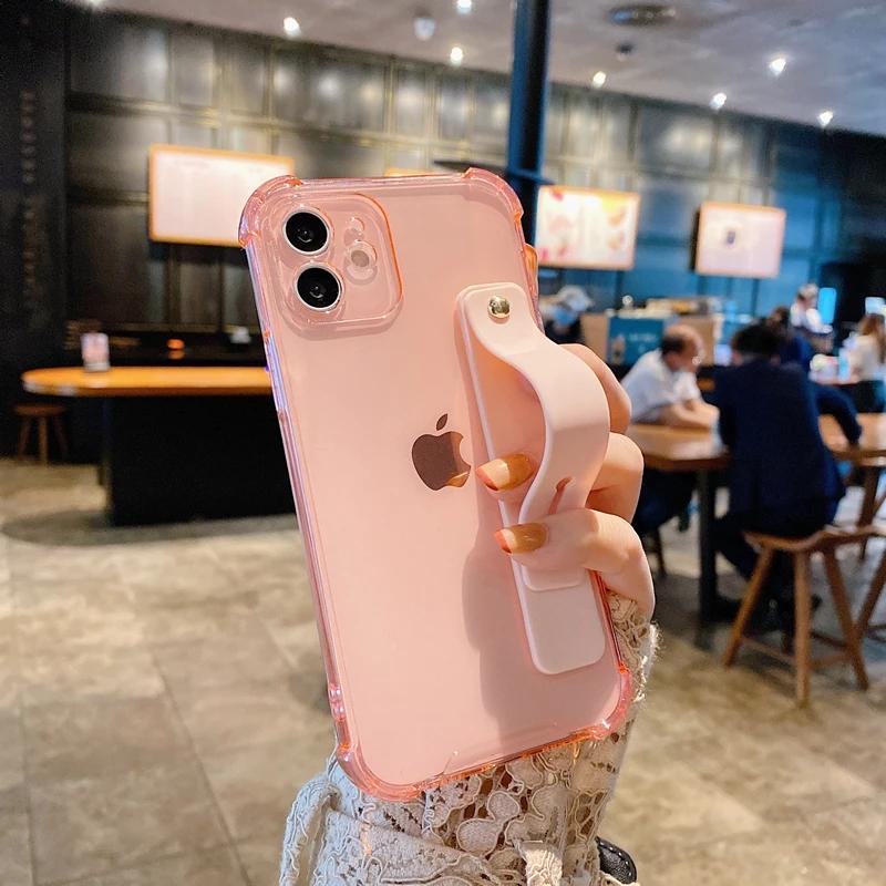 Soft Wrist Strap Phone Case For iPhone 11 12 13 14 15 16 17 Pro Max X XR Xs Max Plus Kickstand Transparent Bumper  Cover