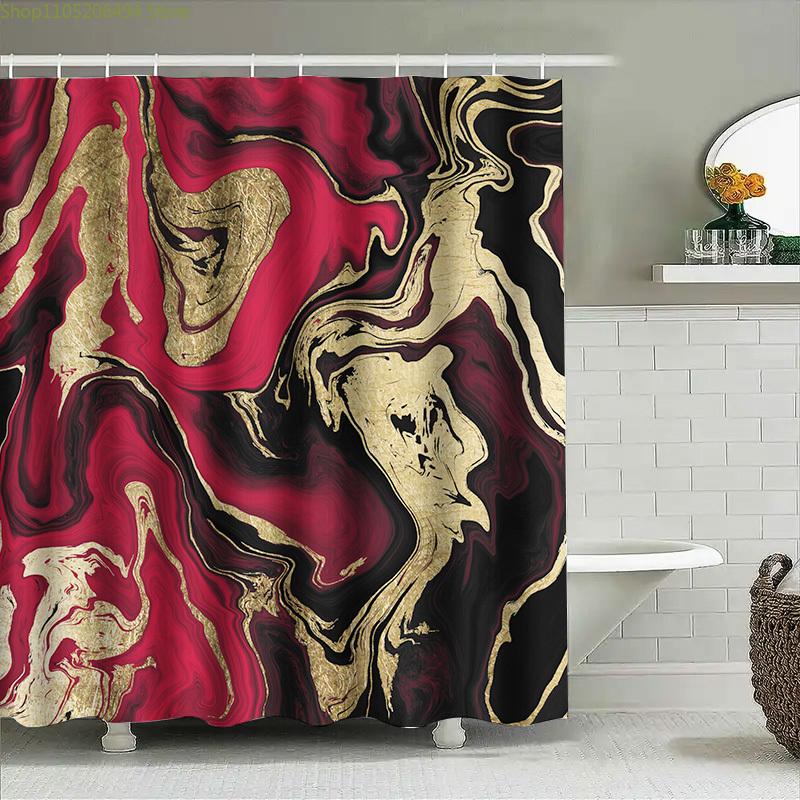 Luxury Red Marble Shower Curtain Elegant Gold and Black Print Waterproof Home Decor Bathroom Accessories Size Customizable for