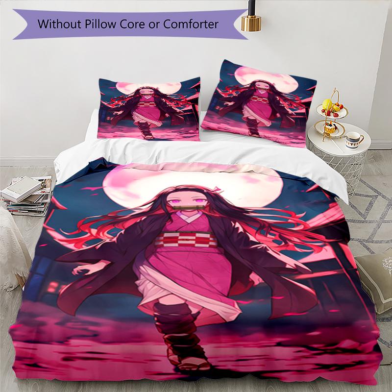3pcs Demon Slayer Nezuko Pattern Bedding Set Duvet Cover Set Includes Duvet Cover &pillowcases, Perfect All Season Bedroom Decoration & Gift