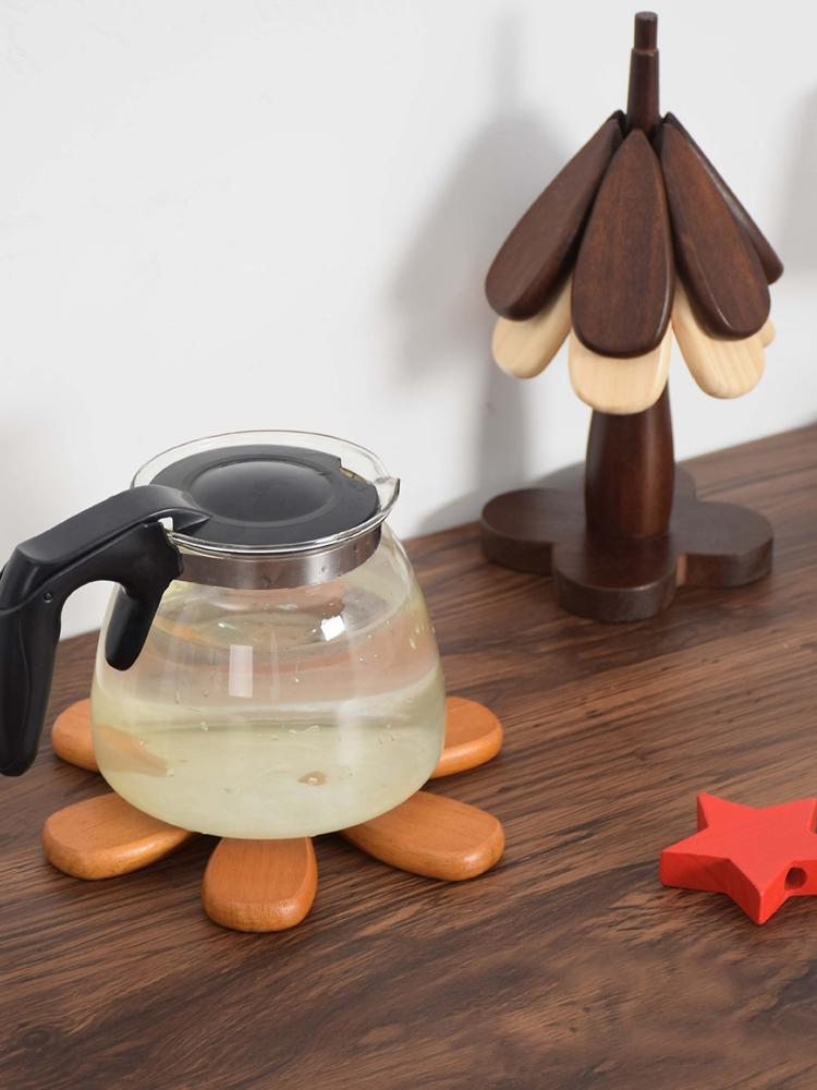 Wood Tree Trivet Set 3 Wooden Trivets and 1 Stand Tree Shape Coaster Set for Kitchen