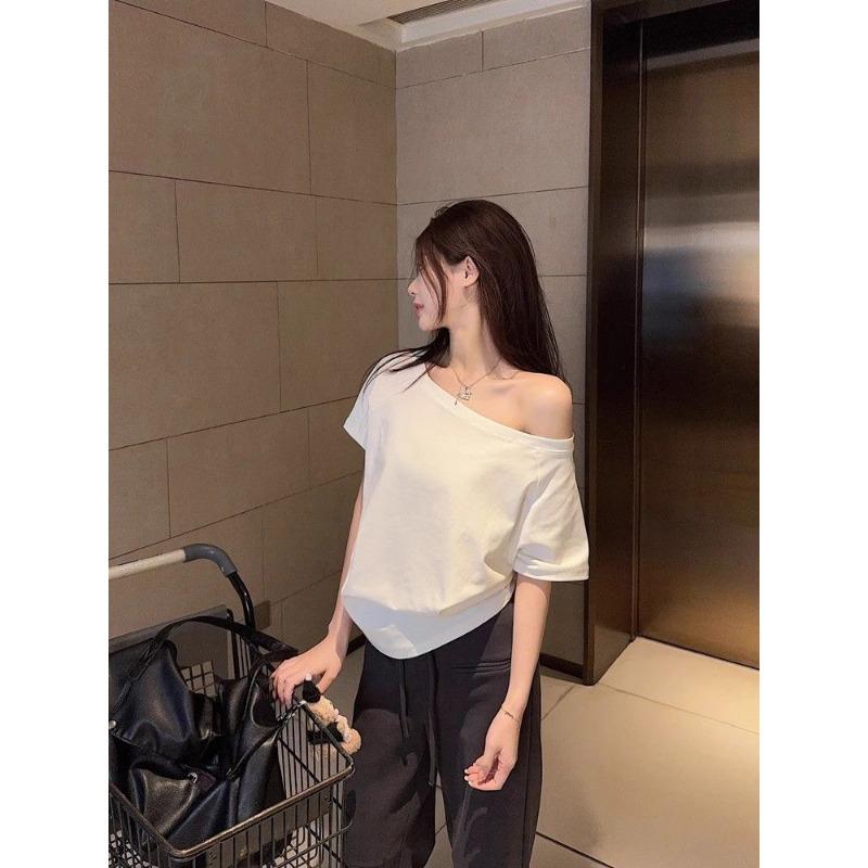 New Black One Shoulder Short Sleeve T-Shirt Women's Summer Pure Desire Loose Chic Top