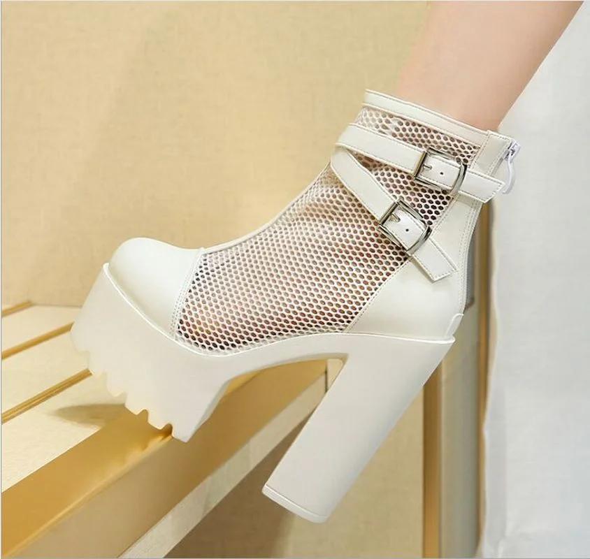 Fashion 14CM Hollow Out Women Mesh Boots High Heels Summer Autumn Sexy Nightclub Shoes Female Back Zipper Basic Boots Platform Cheap