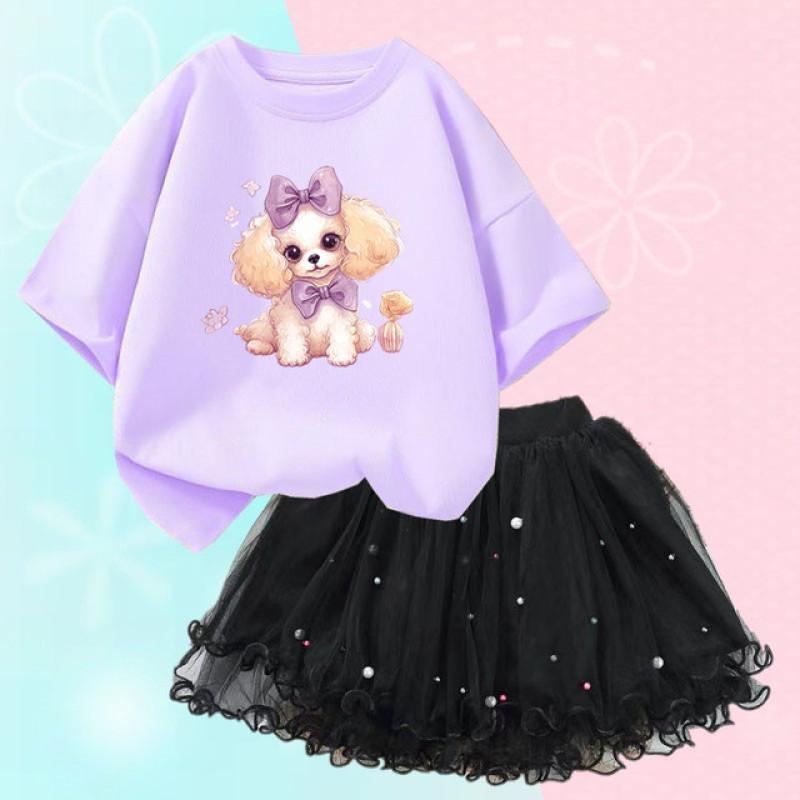 Summer Girls Cute Dog Print T Shirt & Tutu Skirt Two Piece Outfits Party Birthday Christmas Clothes 2-12Y