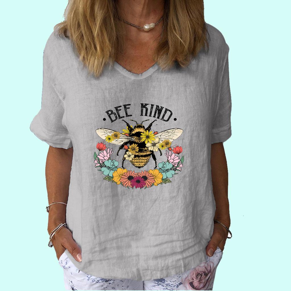 Dámská móda Top s krátkým rukávem Letní ležérní tričko s výstřihem do V Dámské potištěné bavlněné lněné tričko