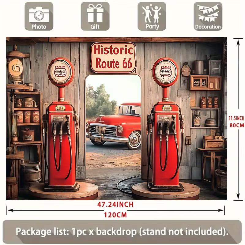

Historic Route 66 Gas Pump Backdrop Retro Gas Station Party Photo Background 47.2x31.5inch/120*80cm