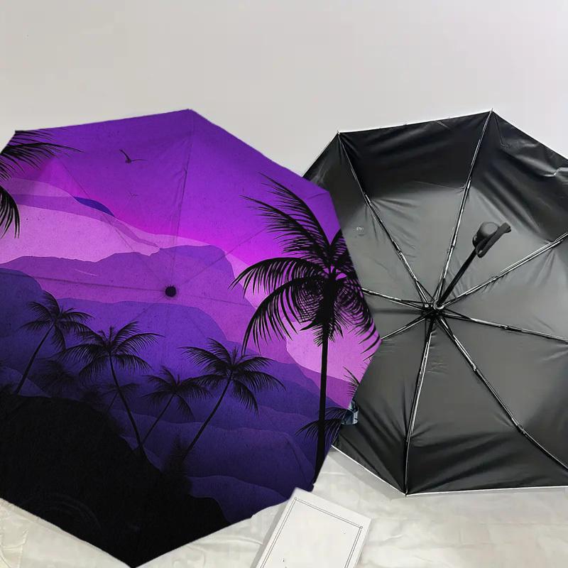 1PC Palm Trees Purple Landscape Pattern Small Travel Compact Windproof Umbrella, Automatic Folding Umbrella, Automatic Open/Close ,Gift-171
