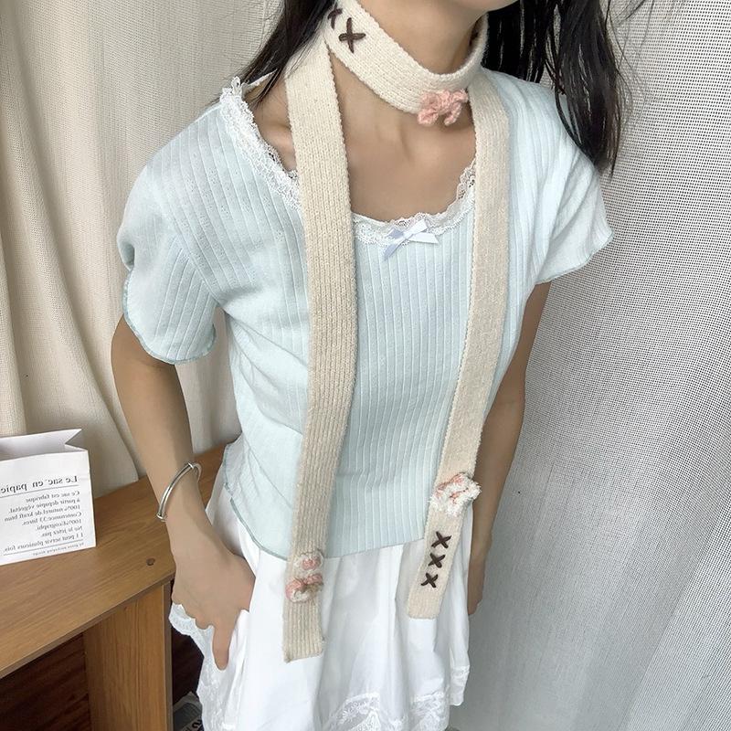 Luochi Knitting Korean Sweetheart Flower Long Thin Knit Scarf - Versatile Handmade Decorative Accessory