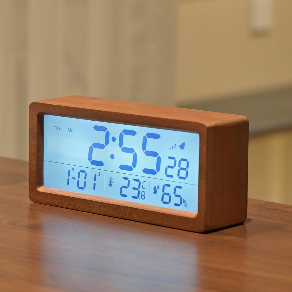 Digital Alarm Battery Wooden Table Clock with LCD Humidity and Temperature Easy to Suitable for Bedside and Family Clock, Operated, Display,