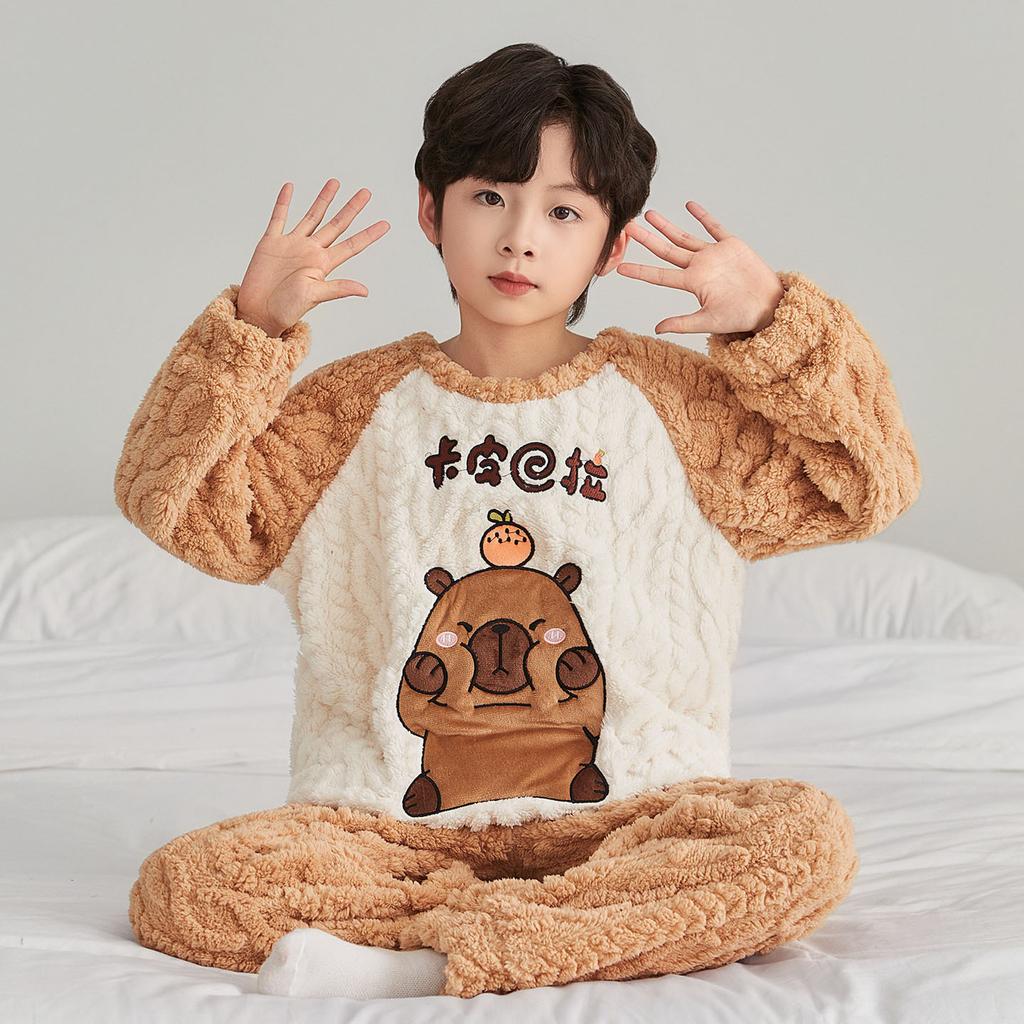 Kids Flannel Pajamas Set Boys Girls Warm Long Sleeve Top And Pants Sleepwear Winter Home Nightwear