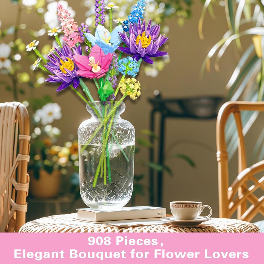 Pink Flower Bouquet Building Sets for Adults Women, Compatible with Botanical Collection, 13 Flowers, Unique Home Decor Gifts for Valentine‘s Day,