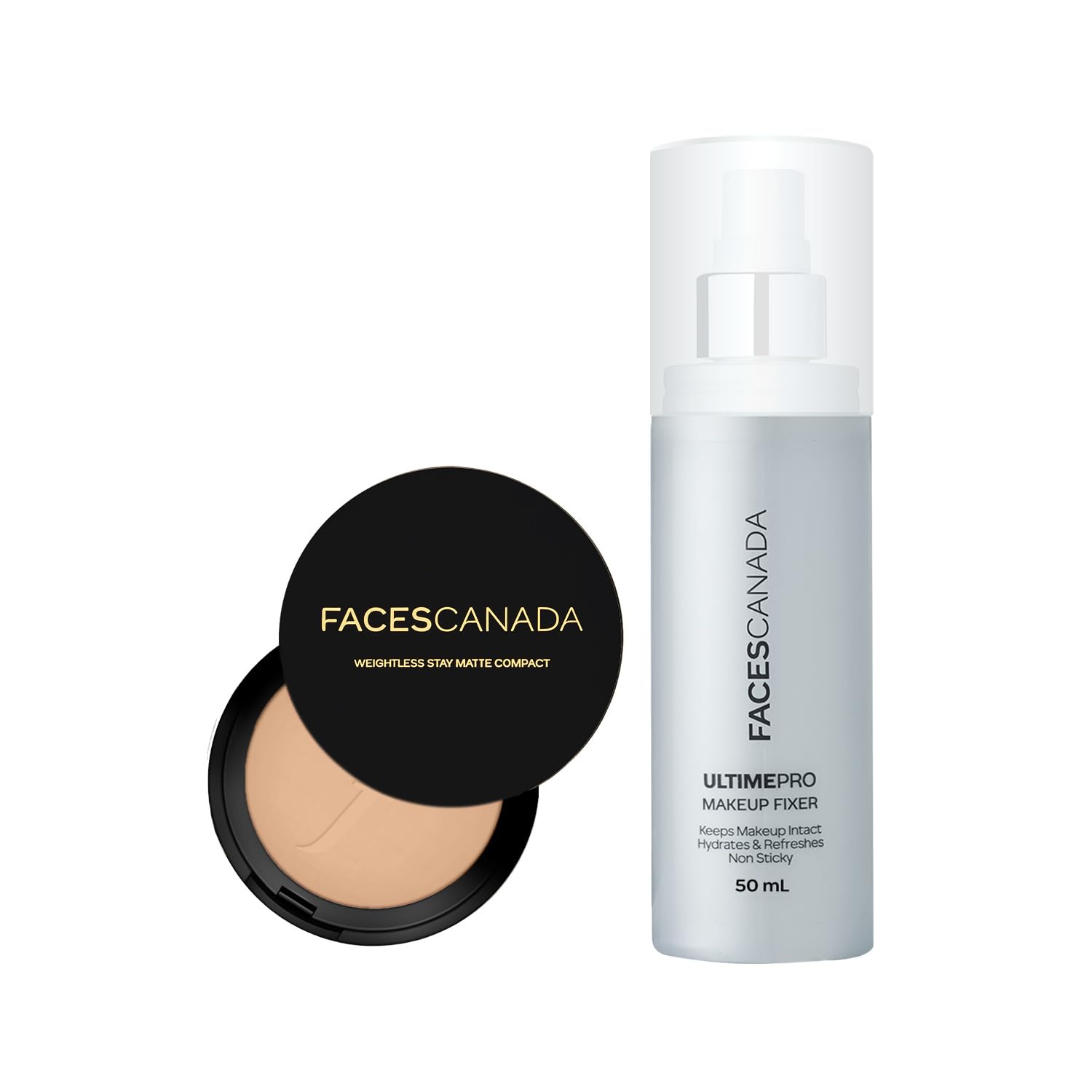 FACES CANADA Lightweight Matte Finish Combo - Weightless Stay Matte Compact Powder - Beige 03 (9 gm) + Ultime Pro Makeup Fixer (50 ml) | Long Las