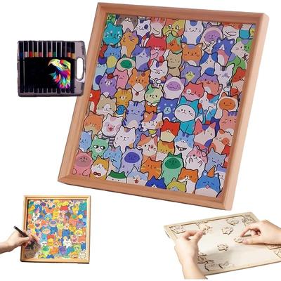 DIY Dřevěný Rám na Kočičí Puzzle, Dřevěné Puzzle k Vybarvování, Malovatelný Kreativní Ručně Vyráběný Fotorámeček, Kočičí Puzzle Dekorace pro Domácí Dekoraci Milovník Řemesel