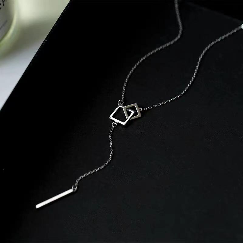 Trendy Geometric Square Tassel Long Necklace in Electroplated Sterling Silver