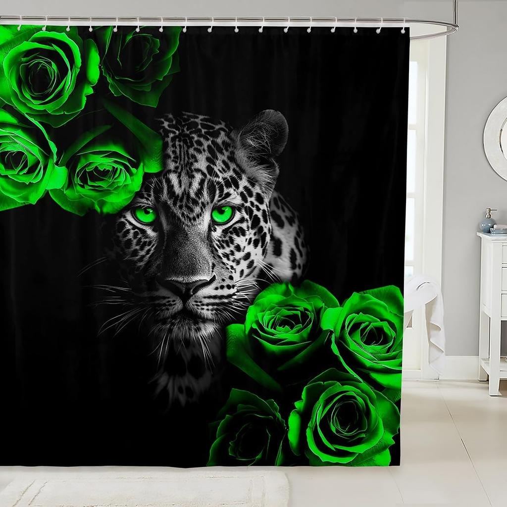 Cheetah Print Shower Curtain, African Leopard Animal Design, Red Floral Black Waterproof Panel With Hooks