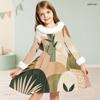 Little Girls Furry Collar Long Sleeve Printed A Line Flared Dress