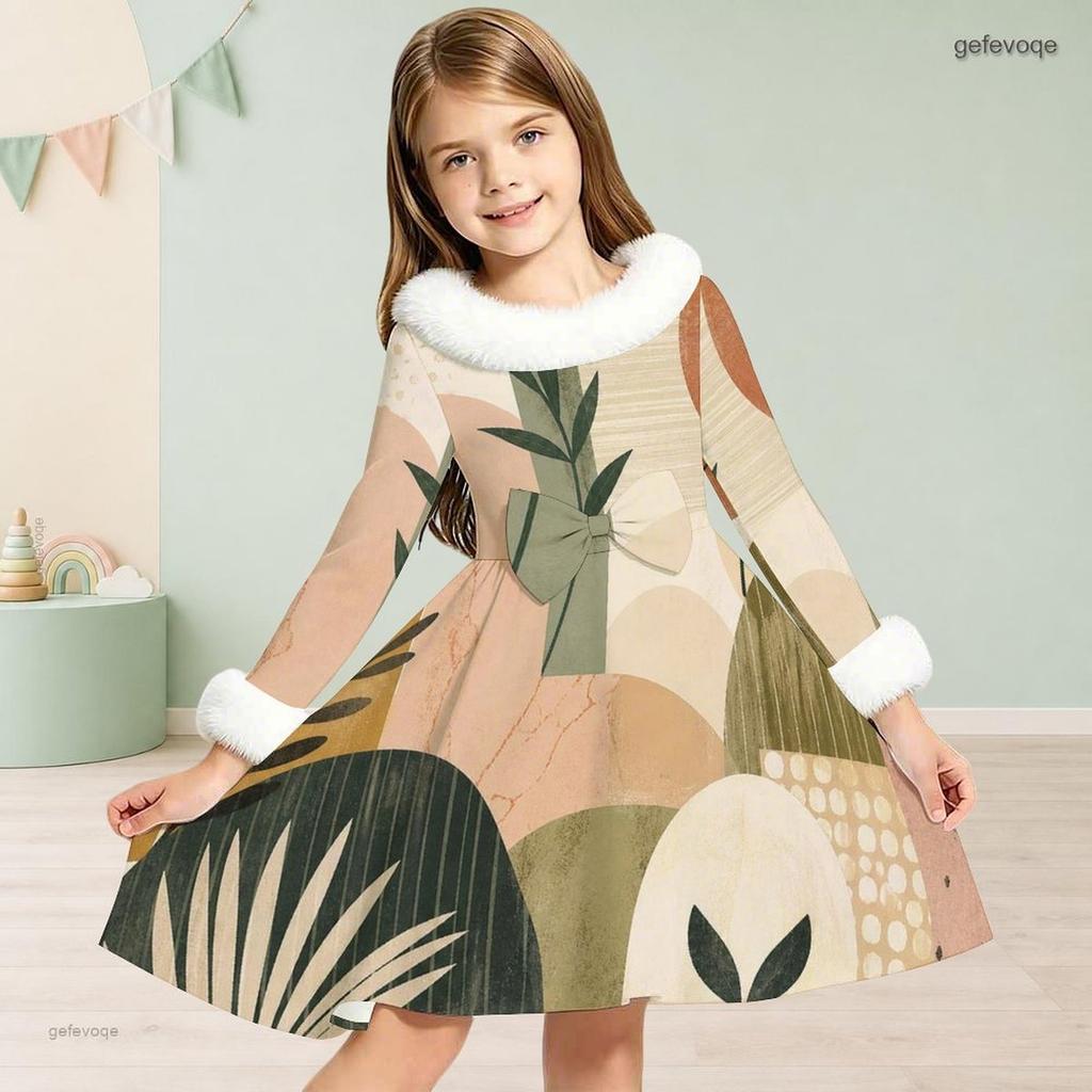 Little Girls Furry Collar Long Sleeve Printed A Line Flared Dress