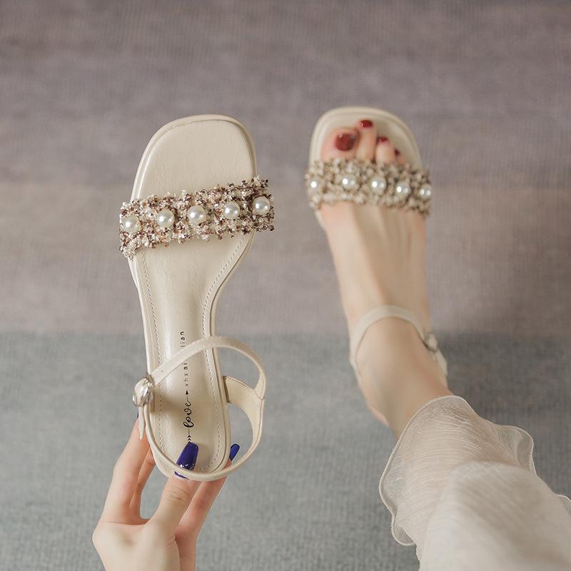 Leather Flat for Huizhou Women's Shoes Heels Open-toed Sandals French Summer New One-word Belt Sandals Women
