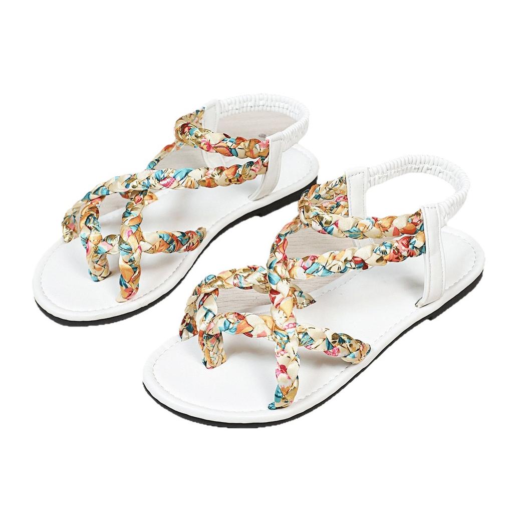 Foreign Trade Flat Bottom Large Size Cross Strap Beach Sandals Summer New Woven Printing Set Toe Sandals