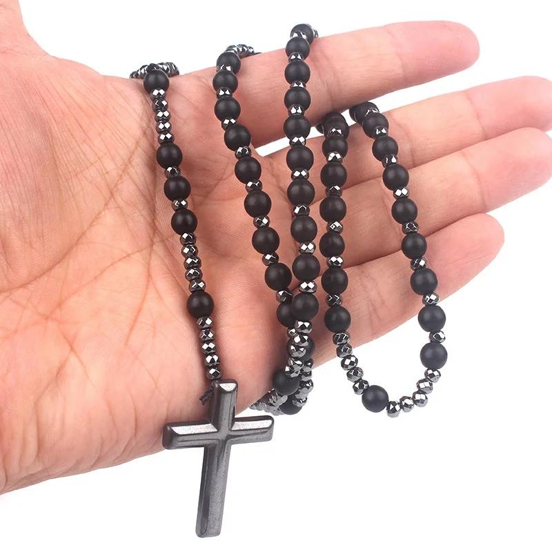 Stone Hematite Cross Car Pendant Catholic Christ Rosary Auto Hanging Meditation Protection Jewelry