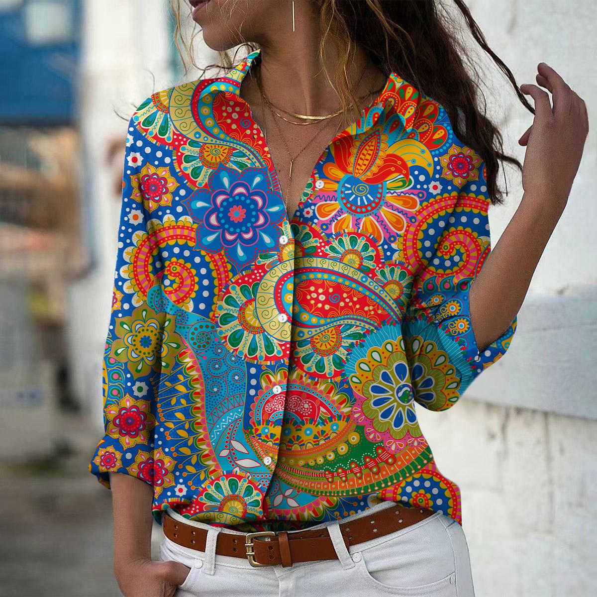 

Блузка женская с принтом кешью, весна-осень, женская, офисная, на пуговицах, с отложным воротником, рубашки L темно-синий