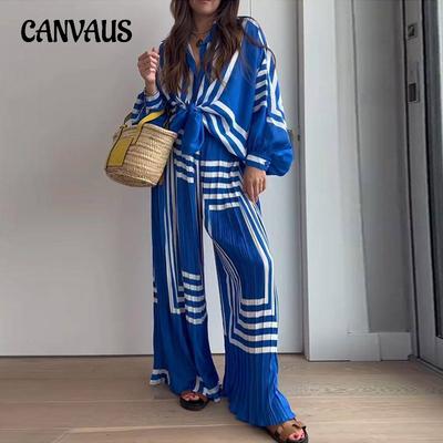 Plus Size Spring and Autumn Women's Fashion Printed Striped Long Sleeve Shirt Pressure Pleated Straight Wide Leg Pants Suit
