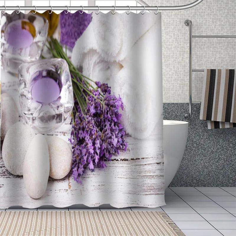 Beautiful Purple Lavender Flowers Shower Curtain Bathroom  Fabric Washable Polyester for Bathtub Art Home Decor with Hook