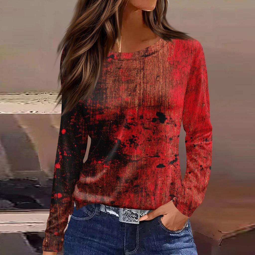 Damenmode Saumschlitz Lässig Halloween-Print Rundhals Langarm Oberteil