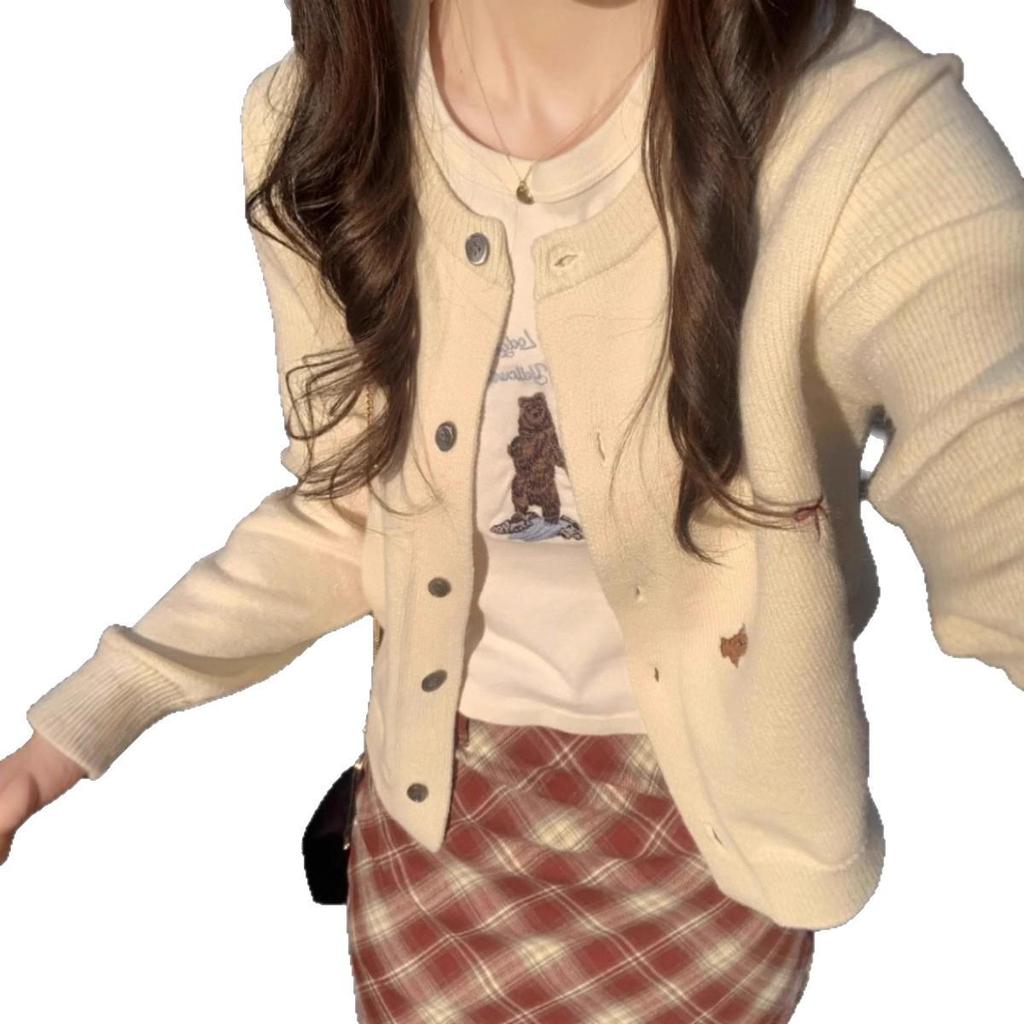 Korean Bow Embroidered Knitted Cardigan - Sweet Autumn/Winter Short Sweater for Women