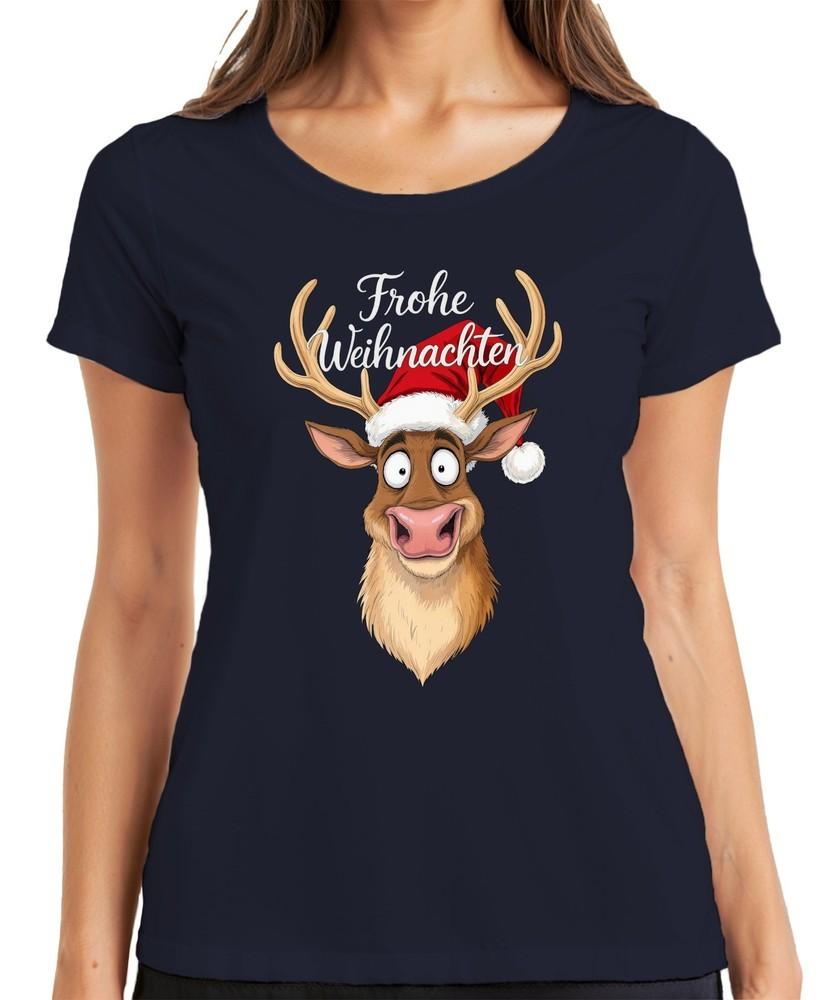 Merry Christmas Funny Reindeer Santa Hat Cartoon Humor Ladies TShirt S