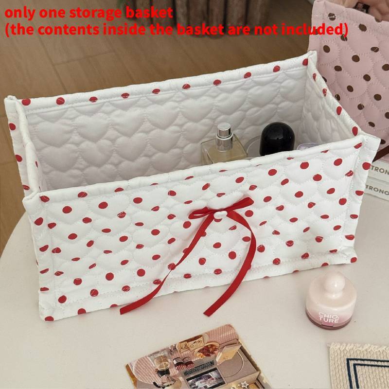 Large Polka Dot Quilted Rectangular Storage Basket With Nylon Material For Home Organization