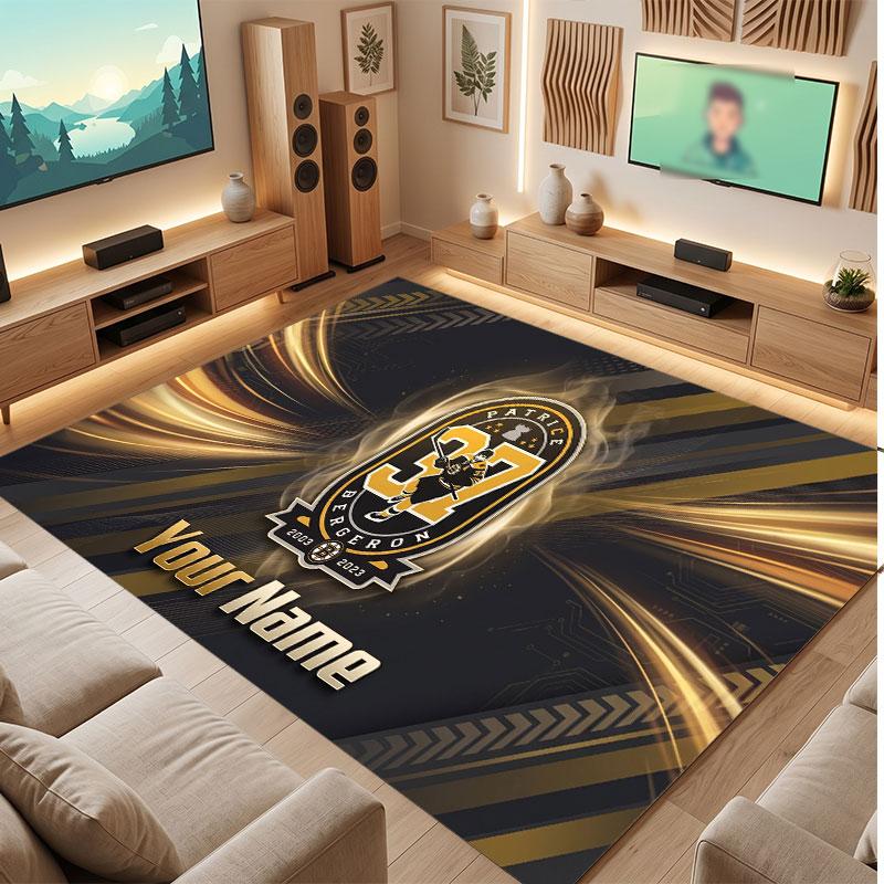 Boston Bruins Personalized Crystal Velvet Carpet, Customized Name Text Soft Anti‑Slip Rug for Living Room Bedroom