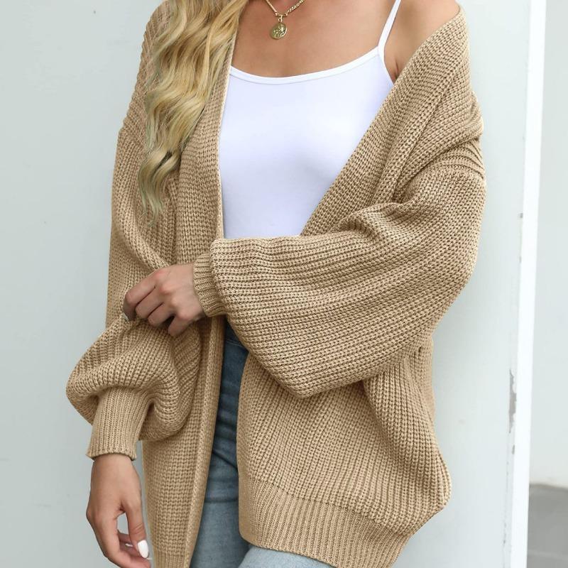 Womens Loose Long Lantern Sleeve Thick Solid Knit Cardigan Sweater Coat With Pockets