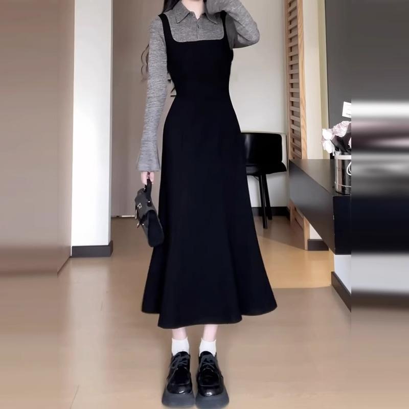 Miu Style Autumn/Winter Korean Long Sleeve Layered Dress - Elegant French Chic